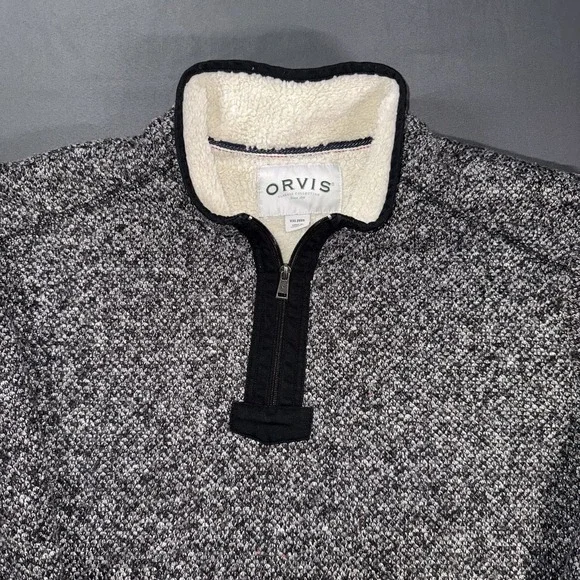 Orvis Sweater Mens 2XL Gray Sherpa Lined Fleece Quarter Zip Pullover Casual Warm - Picture 2 of 9
